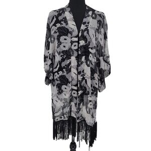 Black White Floral Kimono Fringe Whimsigoth‎ Boho Festival Swim Cover One Size